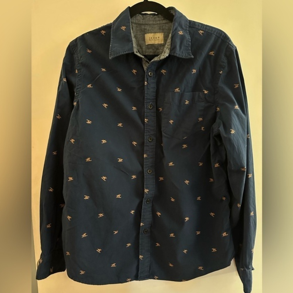 JACHS New York Navy Button-Up Shirt with Rocking Horse Print | Size Medium